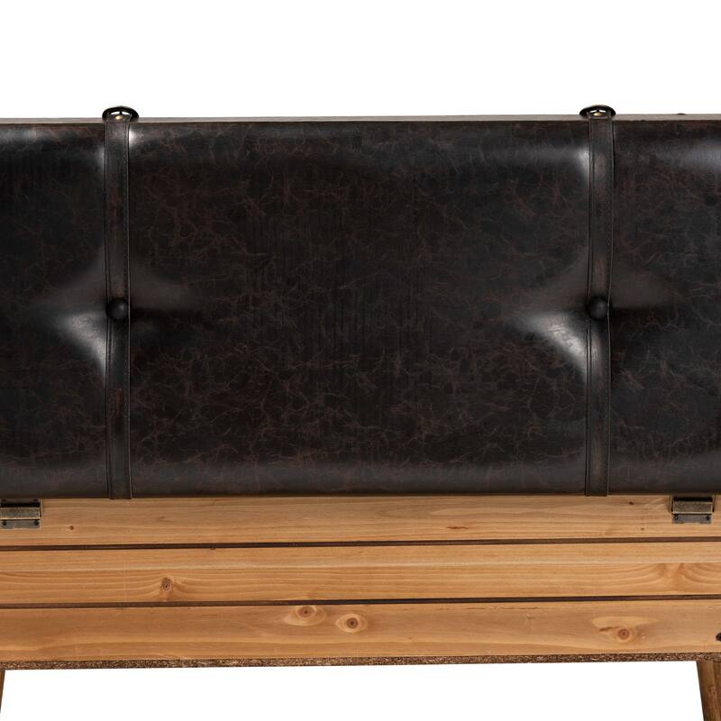 Amena Dark Brown PU Leather and Oak Wood Large Storage Ottoman