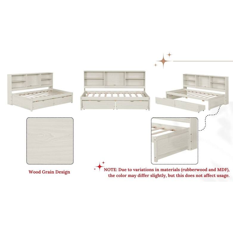 Kids Bookcase Bed Storage Daybed Twin Size Platform Bed with Built-in Convenient Charging Station, Drawers and Shelves