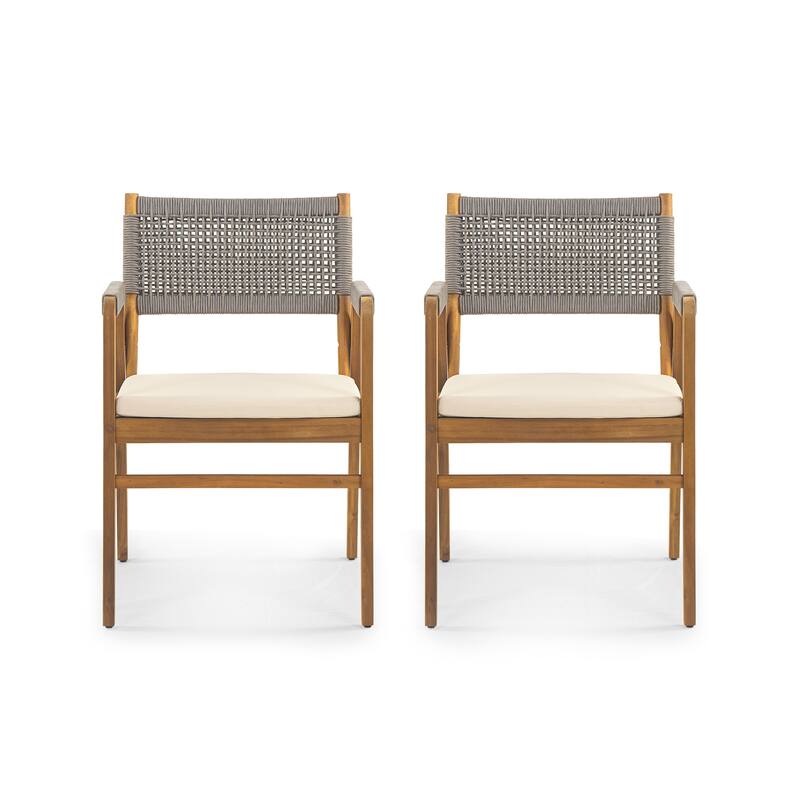 Christopher Knight Home - 7-Piece Outdoor Acacia Wood Dining Set with Cushioned Armchairs & Rectangular Slatted Table