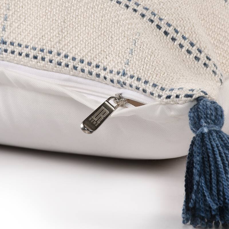 Sevita Hand-Woven Medium Ivory/Blue Geometric Polyester Indoor/Outdoor Throw Pillow