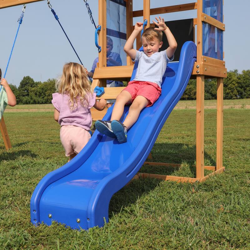 Backyard Discovery Bay Pointe Cedar Wood Swing Set, Slide, Play Deck - 10'3" x 8'11"
