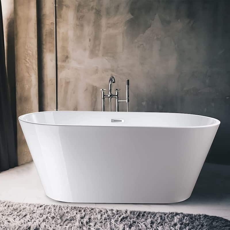 Vanity Art 59" Non-Slip Acrylic Freestanding Soaking Bathtub with Overflow & Pop-up Drain