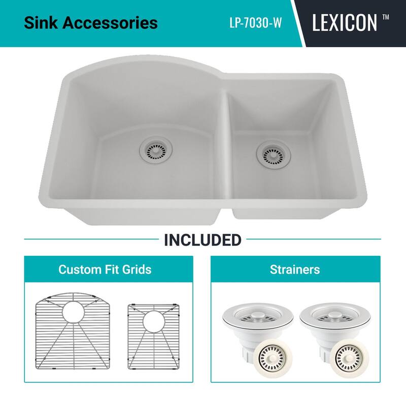 Lexicon Platinum Quartz 32 Inch 70/30 Double Bowl Kitchen Sink with Bottom Grids and Strainers and Disposal Flange