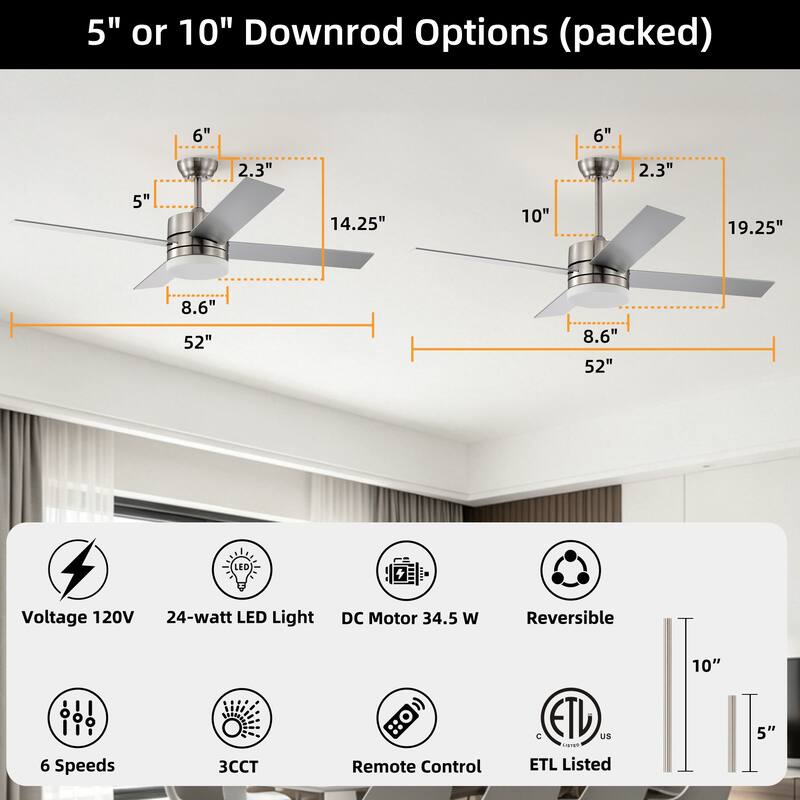 Brushed Nickel 52 in. 6-Speed Integrated LED Indoor 4-Blade Ceiling Fan with Light Kit and Remote Control