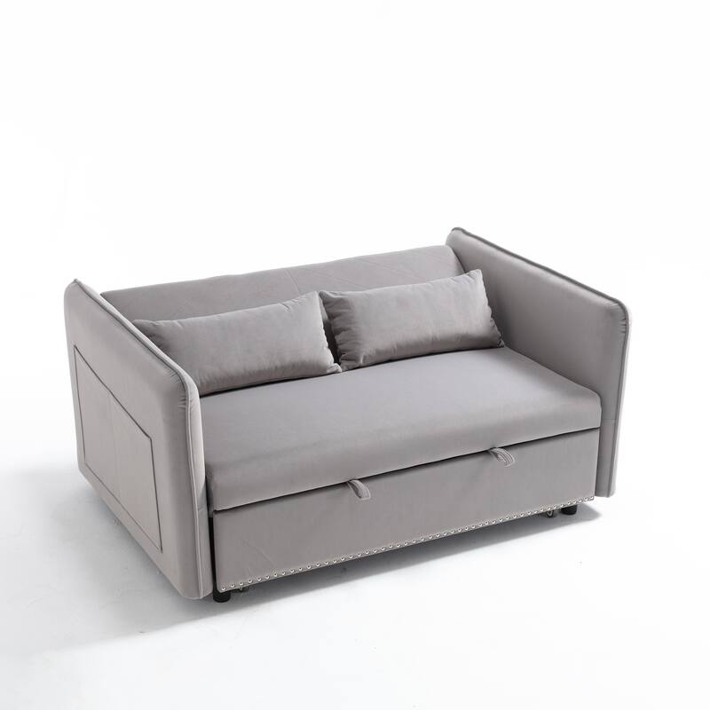 3 in 1 Convertible Sleeper Futon Sofa Bed, 55" Grey Velvet Loveseat with 2 Pillows, Reclining Backrest, Side Pockets