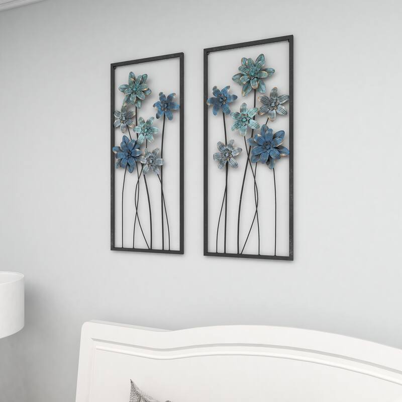 Teal Metal Floral Home Wall Decor with Black Frames and Gold Accents (Set of 2)