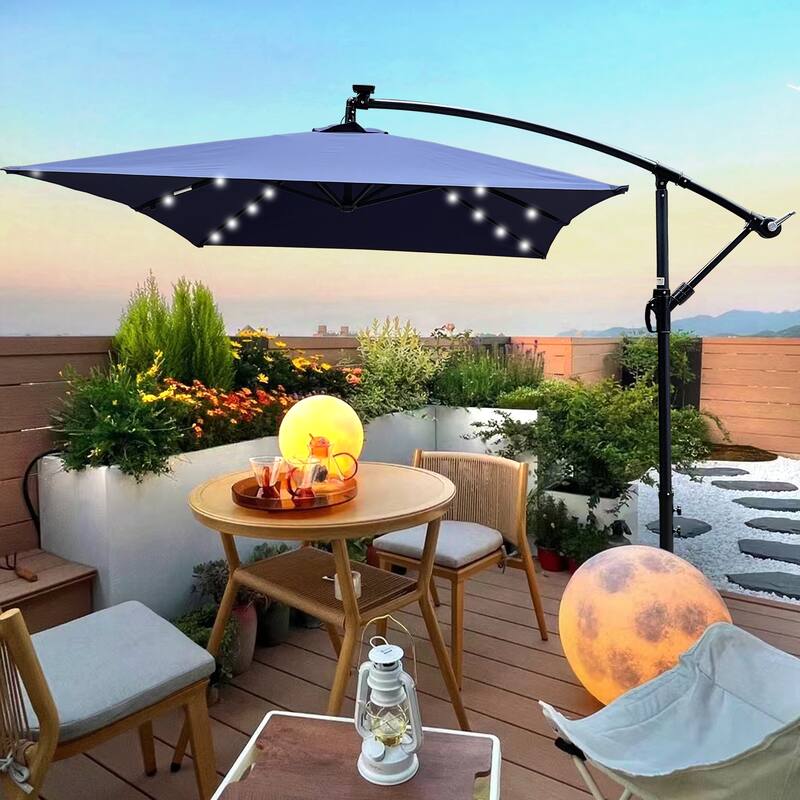 Rectangle 2x3M Patio Umbrella Solar Powered LED Lighted Sun Shade Market Waterproof 6 Ribs Umbrella with Crank and Cross Base - Navy Blue