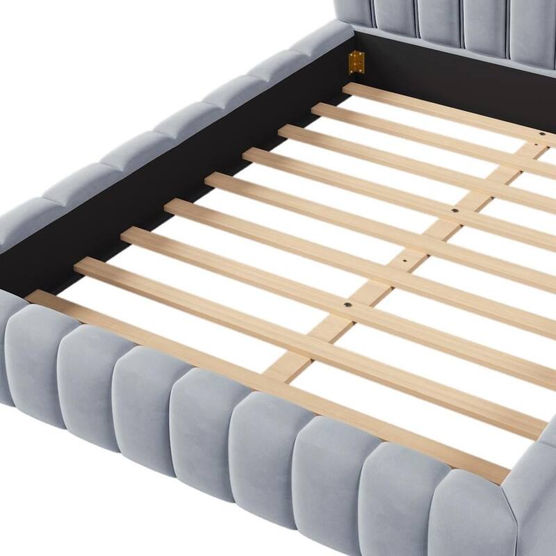 HomeRoots Light Blue Tufted Velvet Upholstered Queen Bed Frame
