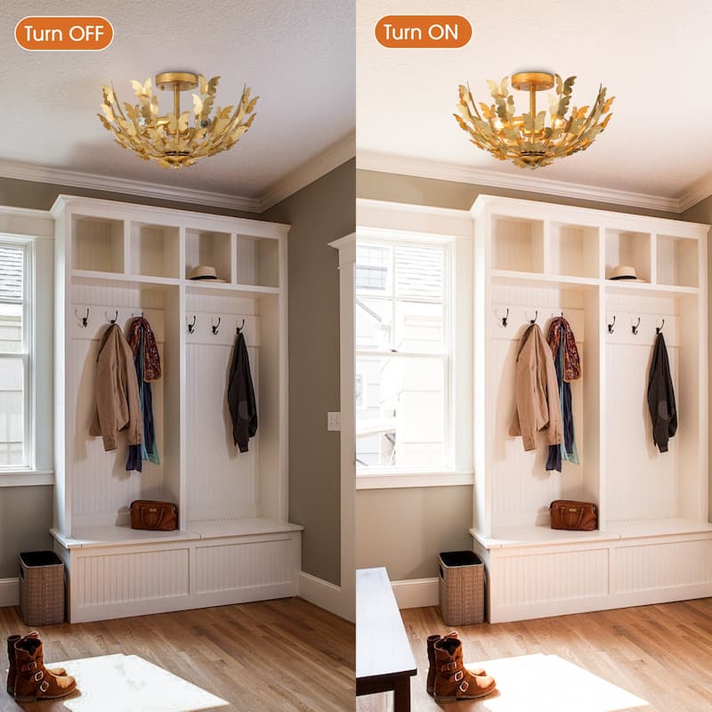 Antique Gold Butterfly Bowl 4-Light Semi Flush Mount Ceiling Light - 17.7"Wx10.4"H