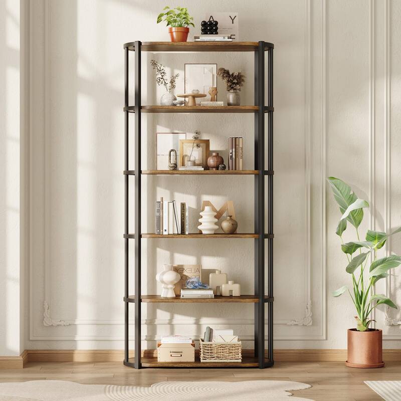 71 Inch Tall Bookshelf, 6 Tier Industrial Bookcase with Heavy Duty Metal Frame, Slim Farmhouse Storage Shelves - Brown