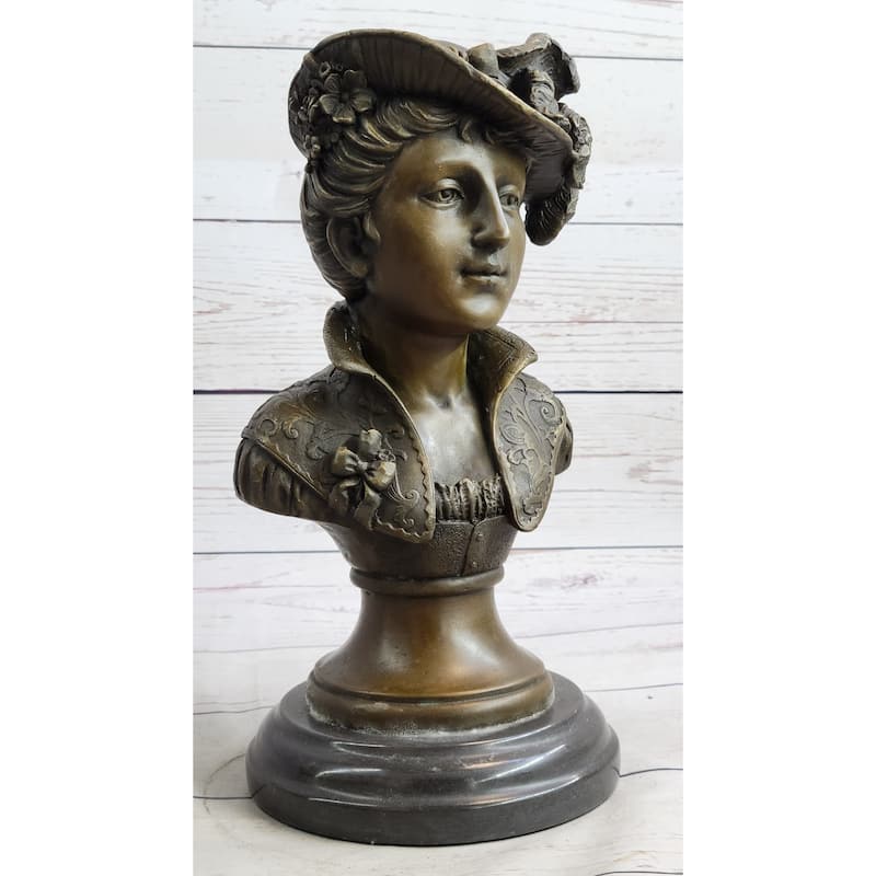 Victorian Era Woman In Feathered Hat Bronze Bust Statue Sculpture 11 Inches X 5 Inches