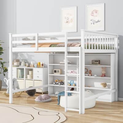 Full Size Loft Bed with 8 Open Storage Shelves and Built-In Ladder