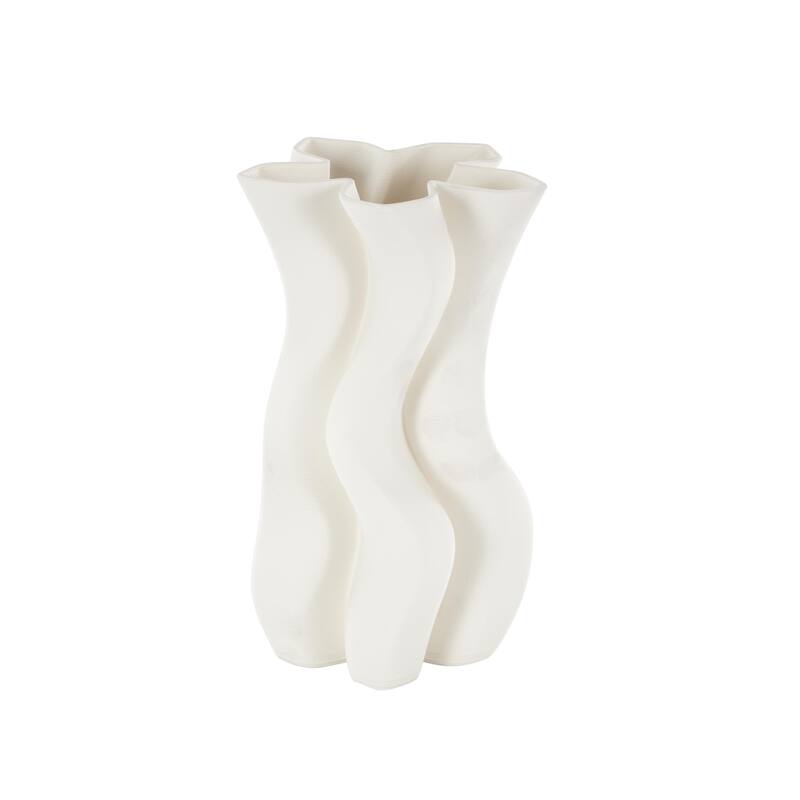 Ceramic Abstract Ribbed Dimensional Wavy Decorative Vase with Floral Shaped Rim - White - Roche River Decor