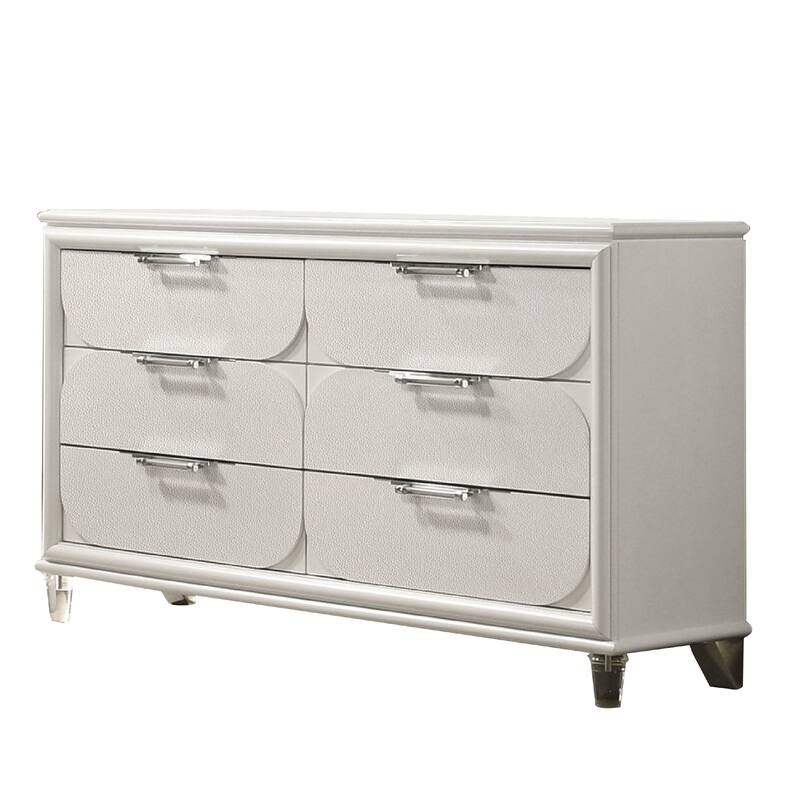 Dima 6 Drawer Wide Dresser, Pearl White Solid Wood with Acrylic Hardware