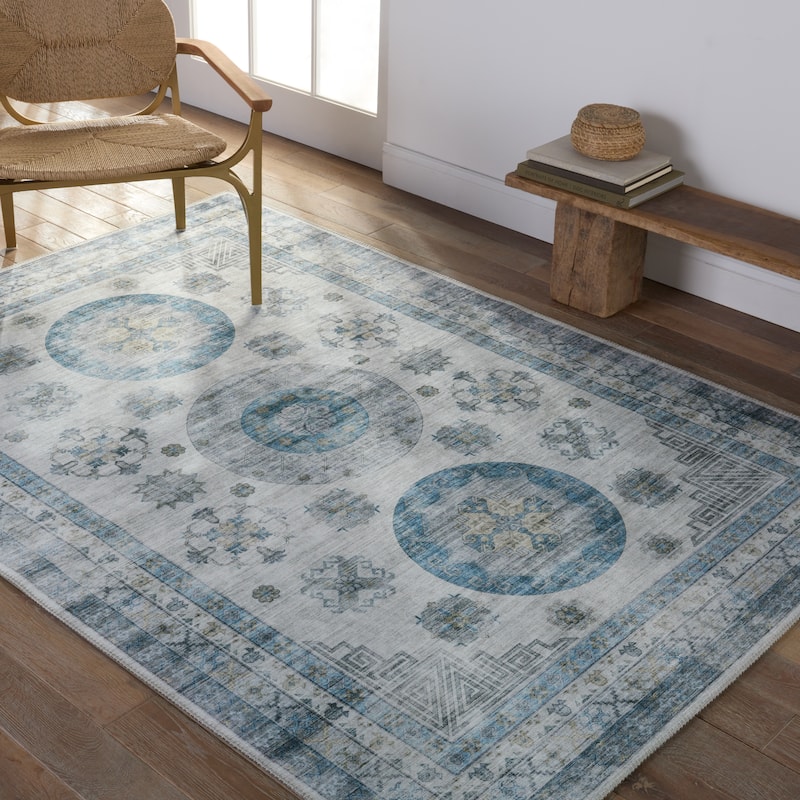 Nyria Machine Washable Medallion Blue/ Light Gray Area Rug