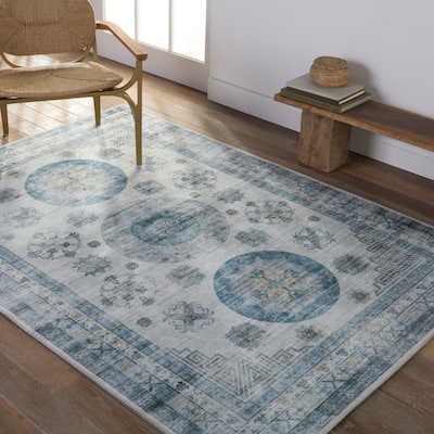 Nyria Machine Washable Medallion Blue/ Light Gray Area Rug