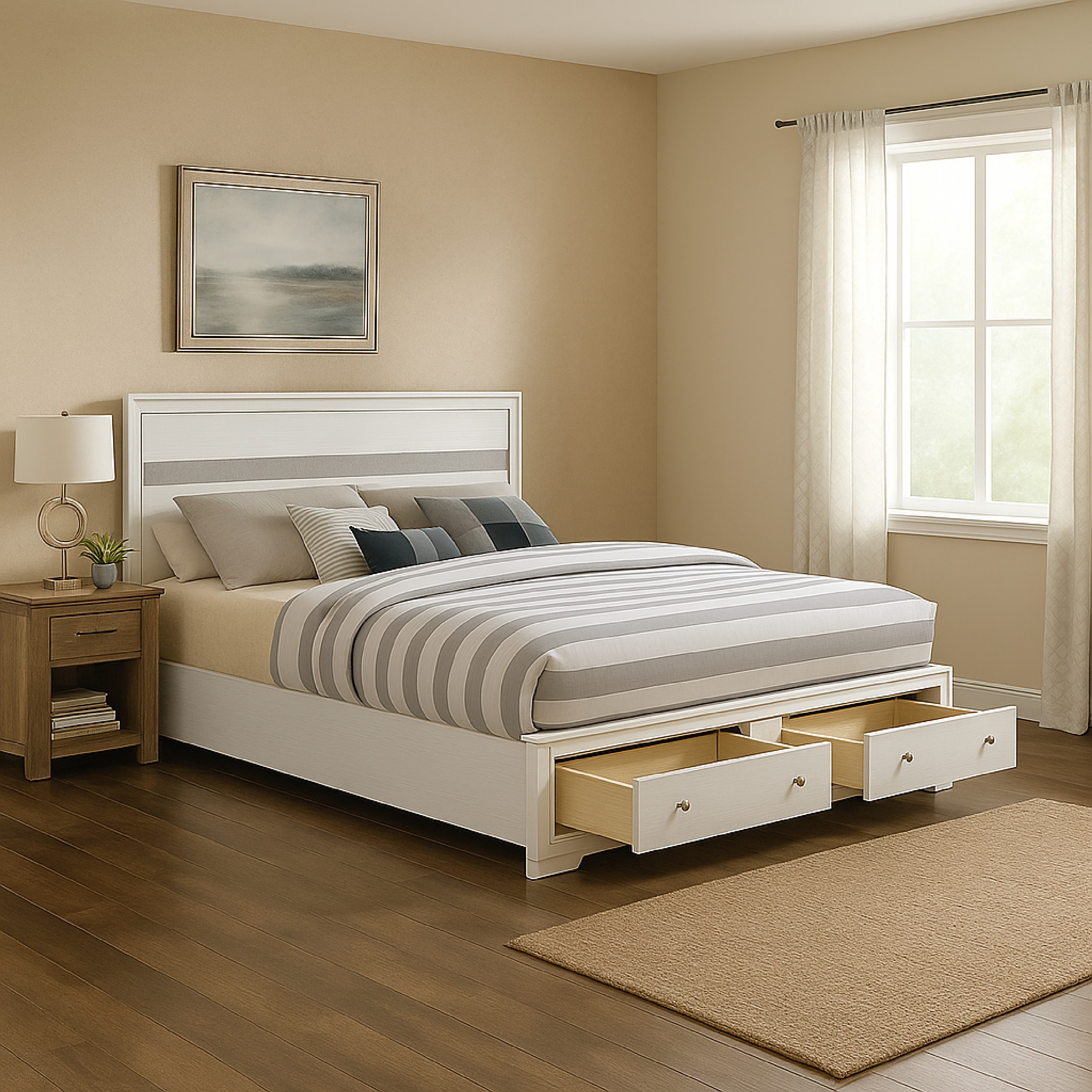 2 Drawer Wooden Eastern King Size Bed with Panel Headboard, White