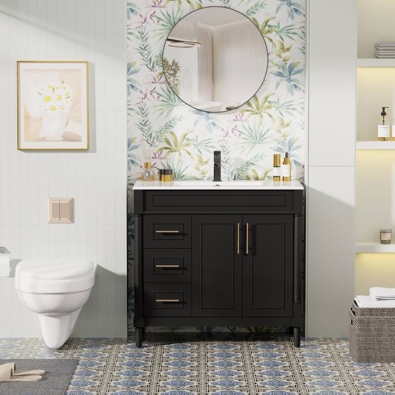 24"/30"/36" Retro Bathroom Vanity W/ Drop in Sink Combo Cabinet Set - Black - 36"