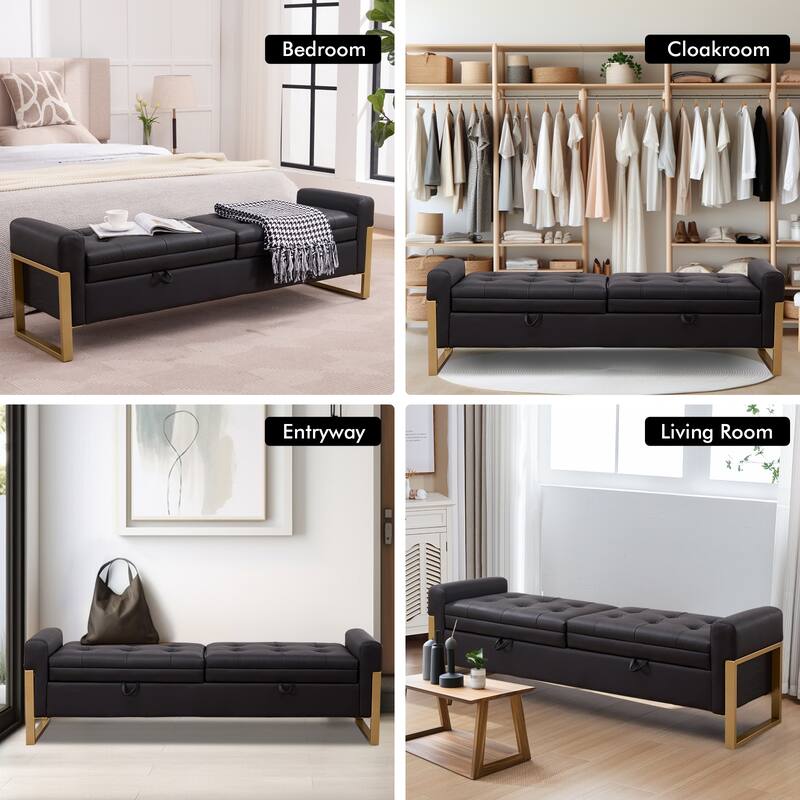 66" Storage Bench King Size End of Bed with Double Lids and Gold Legs