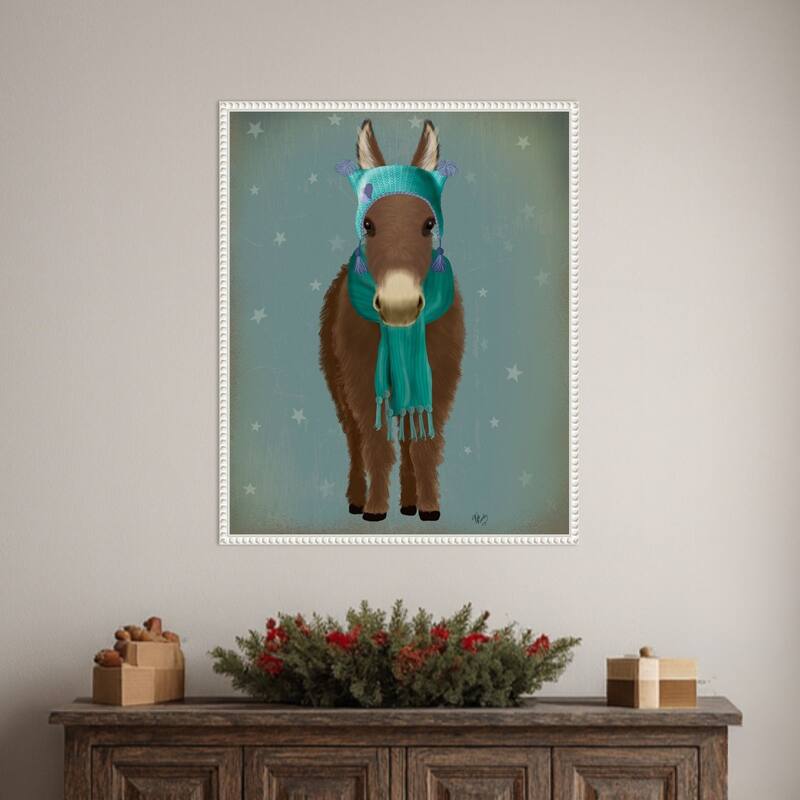 Donkey Blue Hat and Scarf by Fab Funky (23 x 28 in.), Framed Canvas Wall Art Print - Sylvie Beaded White