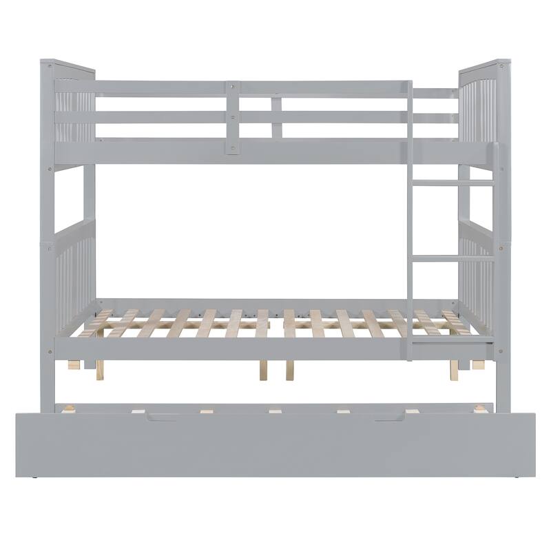 Detachable Full Size Bunk Bed with Trundle Bed, Wooden Full over Full Bunk Bed Frame, Divided Into 3 Separate Beds Frame
