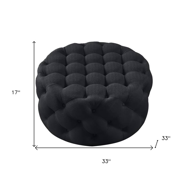 HomeRoots 33" Black Linen Tufted Round Cocktail Ottoman