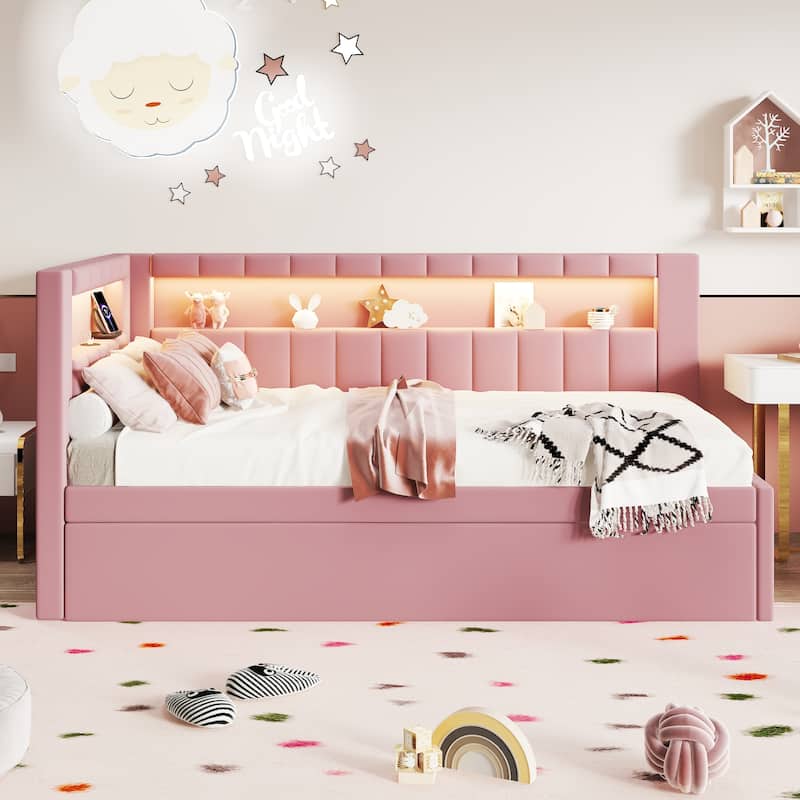 L-shape Daybed Built-in LED Belt and USB Ports, Corner Sofa Bed