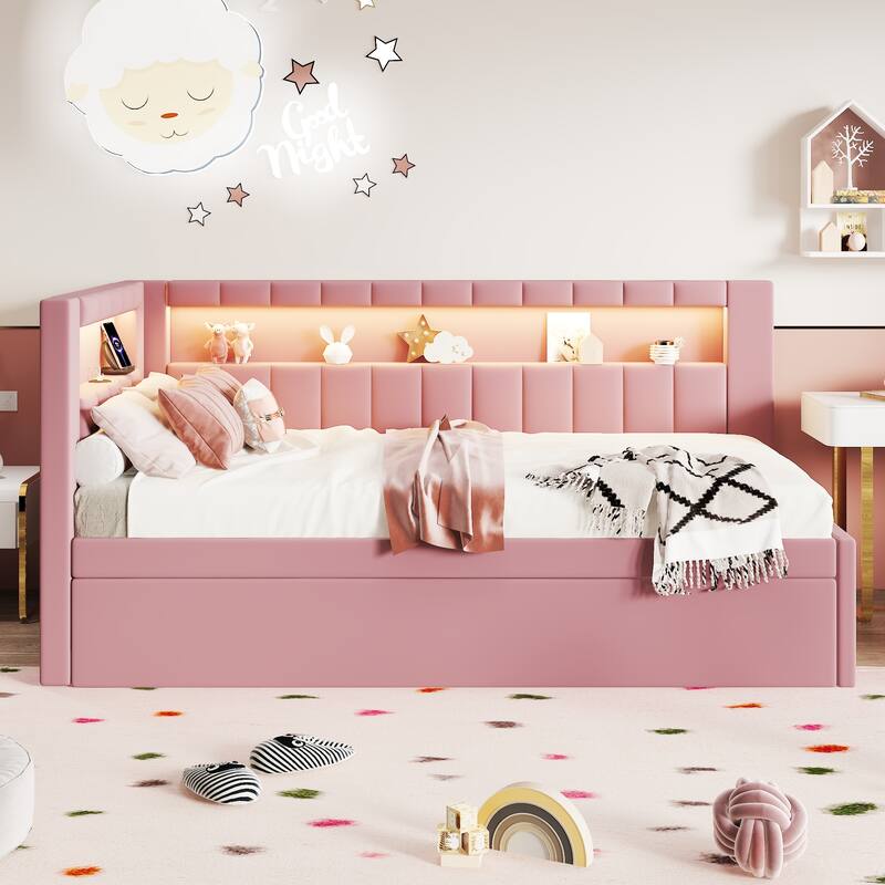 Twin Size Upholstered Platform Bed with USB Ports, LED Lighting, and Trundle in Pink
