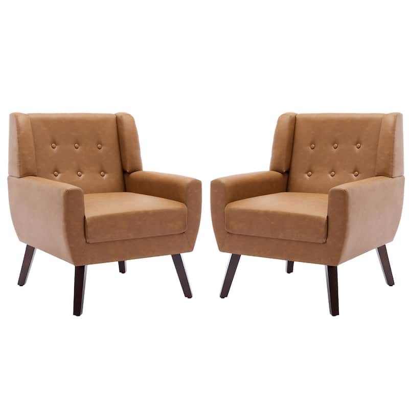 2 Set Modern Tufted Linen Upholstered Accent Chair Faux Leather Armchair