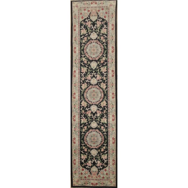 Hand Knotted Oriental 100% Wool Carpet Traditional Floral Black Aubusson Runner Rug - 10' 0'' X 2' 6''