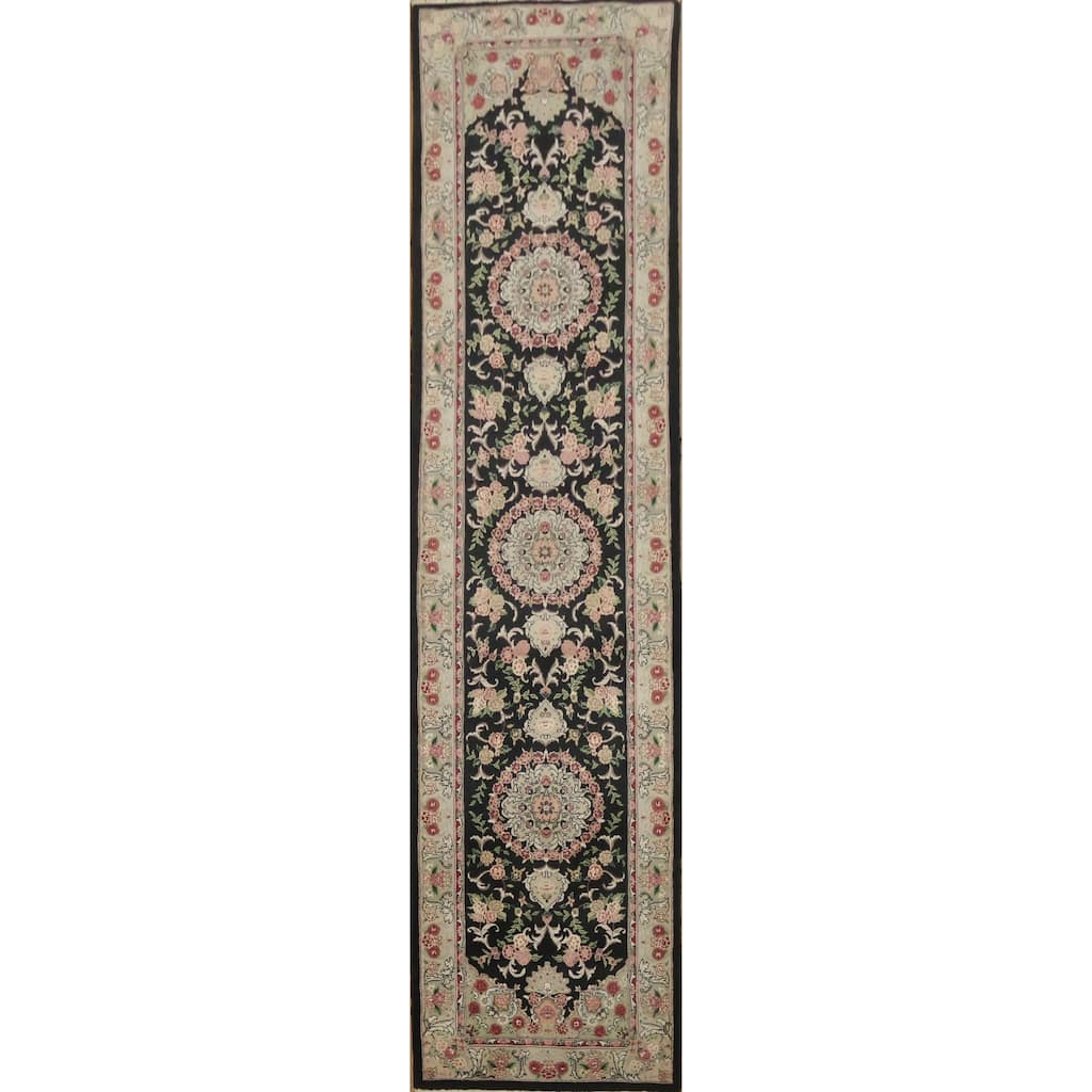 Hand Knotted Oriental 100% Wool Carpet Traditional Floral Black Aubusson Runner Rug - 10' 0'' X 2' 6''