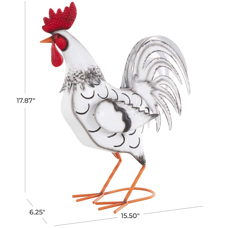 White Metal Rooster Garden Sculpture with Black Texturing and Red Accents
