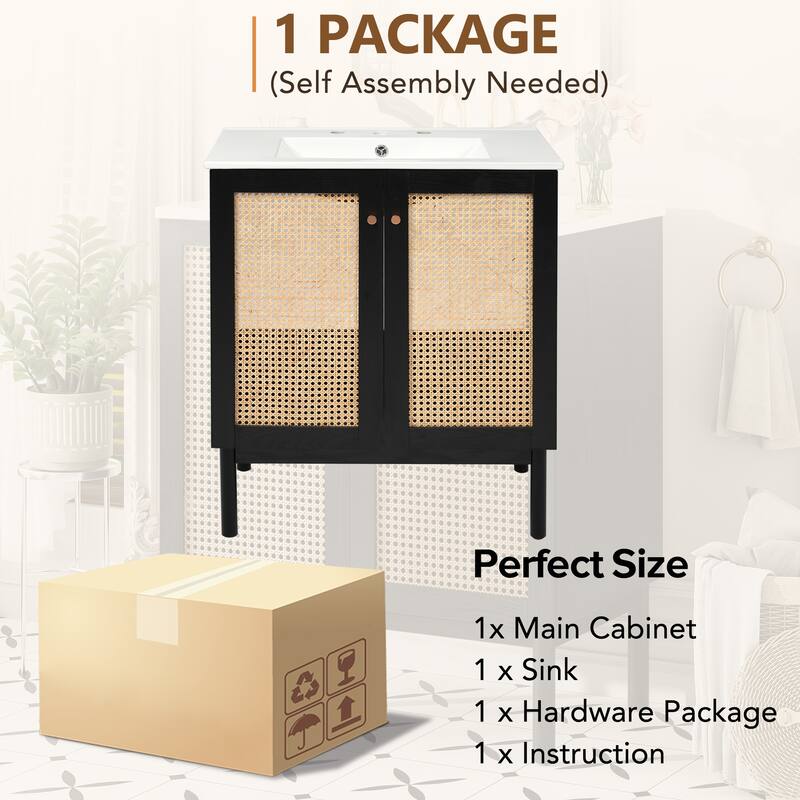 30" Eco-Friendly Bathroom Vanity – Handwoven Rattan Doors with Silent Soft-Close Hinges, Blending Natural Craftsmanship