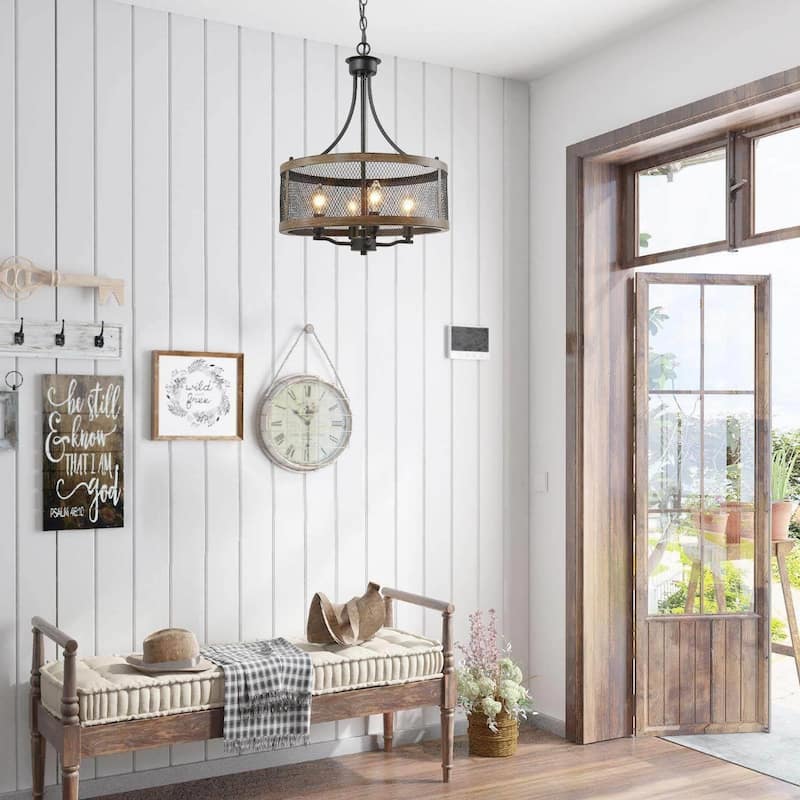 Deun Modern Farmhouse 4-Light Drum Mesh Cage Wood Grain Chandelier for Dining Room