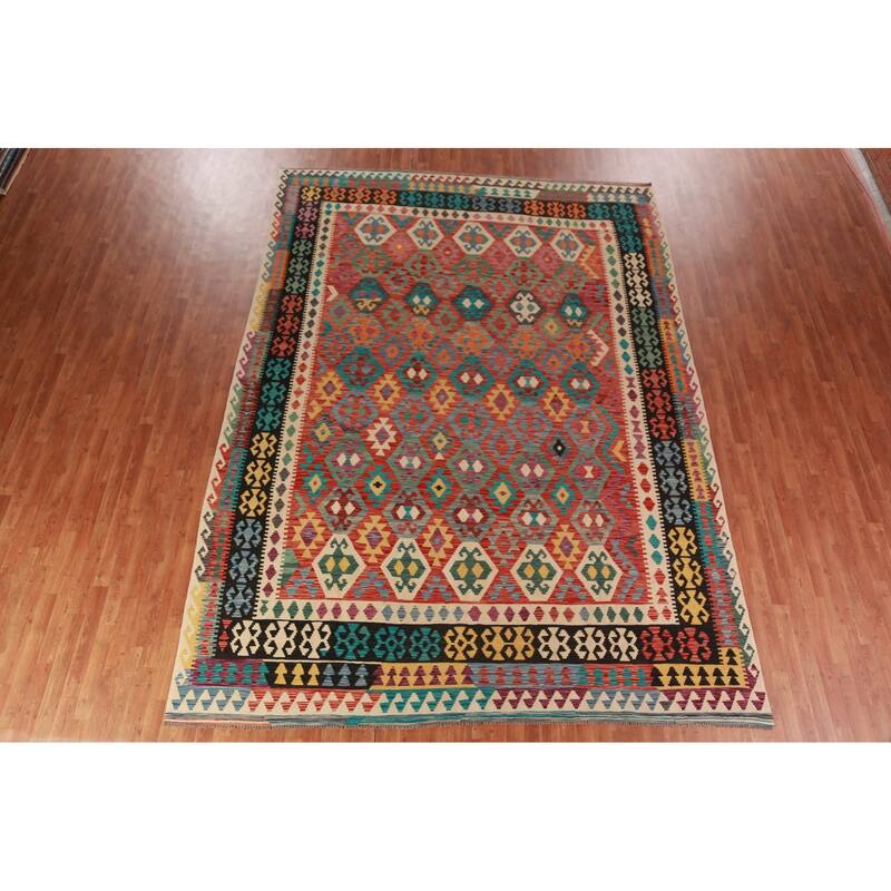 Reversible Kilim Oriental Area Rug Bedroom Hand-Woven Wool Carpet - 9'6"x 13'1"