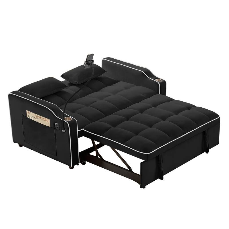 Versatile Foldable Double Seat Recliner,Comfortable Velvet Pull-Out Sleeper Sofa Bed with Side Pockets,Swivel Phone Stand