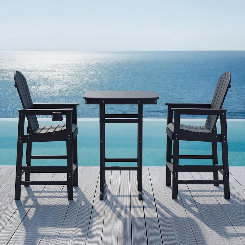 3-Piece HDPE Bar-Height Patio Bistro Set, 42.1" Square High Top Pub Table + 2 Bar Chairs, All-Weather Outdoor Dining Set - Black