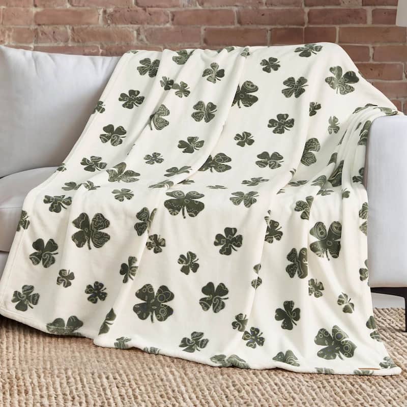 Lucky Brand Lucky Clovers Plush Throw Blankets - Ivory - 50" x 70"