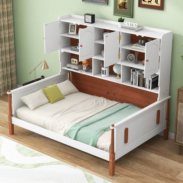 slide 2 of 14, Twin Platform Bed with Storage Shelves, Cabinets, and Walnut Accents, White+Walnut White+Walnut