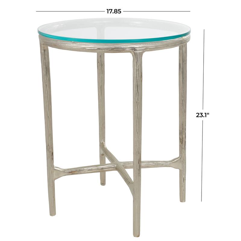Gold or Silver Aluminum Metal Textured Accent Table with Glass Tabletop