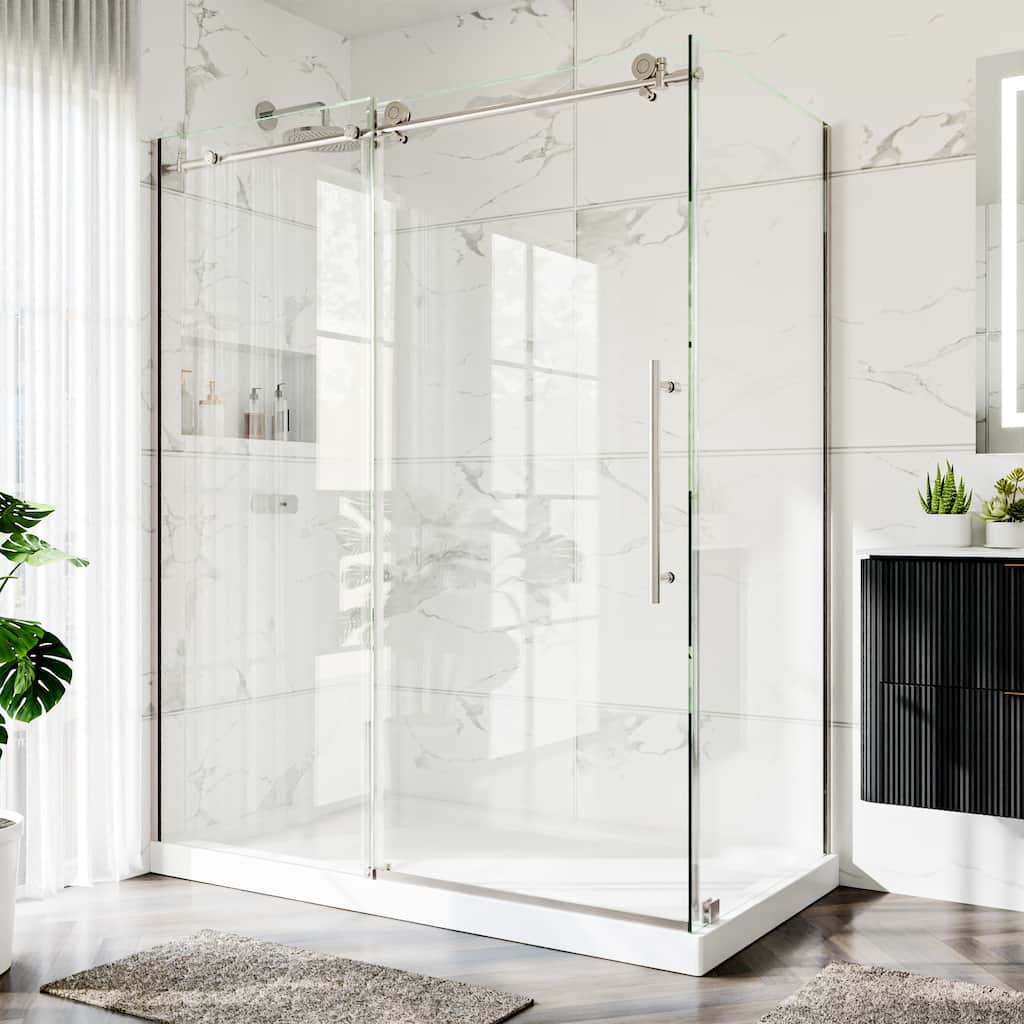 60" x 72" Frameless Sliding Shower Door with 34" Return Panel Adjustable 56-60" with Tempered Glass Brushed Nickel/Matte Black