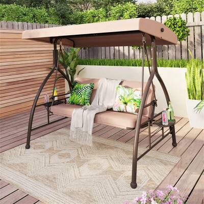 PHI VILLA 3 Person 750lbs Soft Cushioned Porch Swing Chair Glider Bench with Small Side Table and Top Canopy