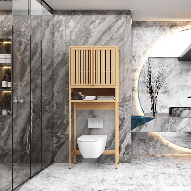 Bamboo Over The Toilet Storage Cabinet with Shelf and Double Doors