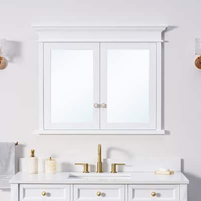 32''H Recessed Mount Solid Wood Framed Medicine Cabinet With Mirror And Glass Shelves