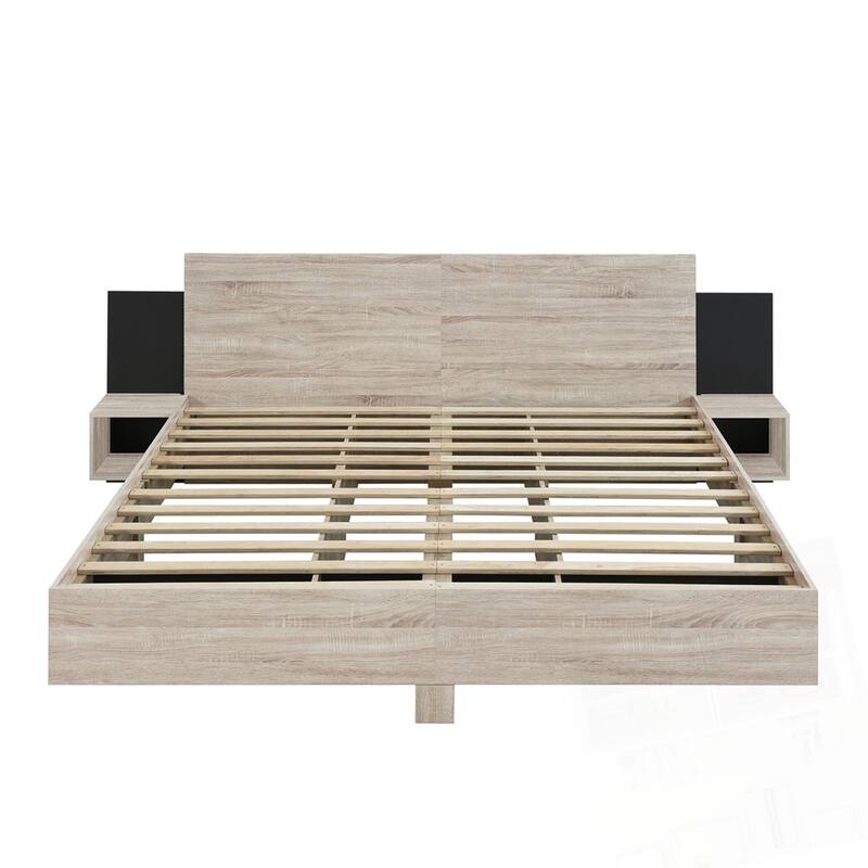 Wooden Floating Platform Bed, with LED Lights and Bedside Nightstand