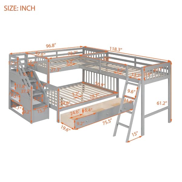 Twin over Full L-Shaped Bunk Bed With Maximized space, Grey