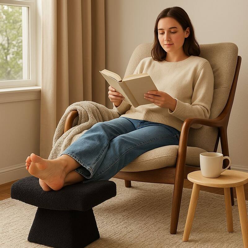 Black Teddy Upholstered T-Shape Vanity Foot Stool 19"W x 16"H