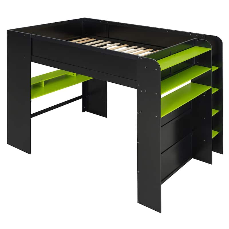 Next-Gen Gamer's Full Size Loft Bed with Adjustable Desk, RGB Lighting, Charging Ports and Storage Space