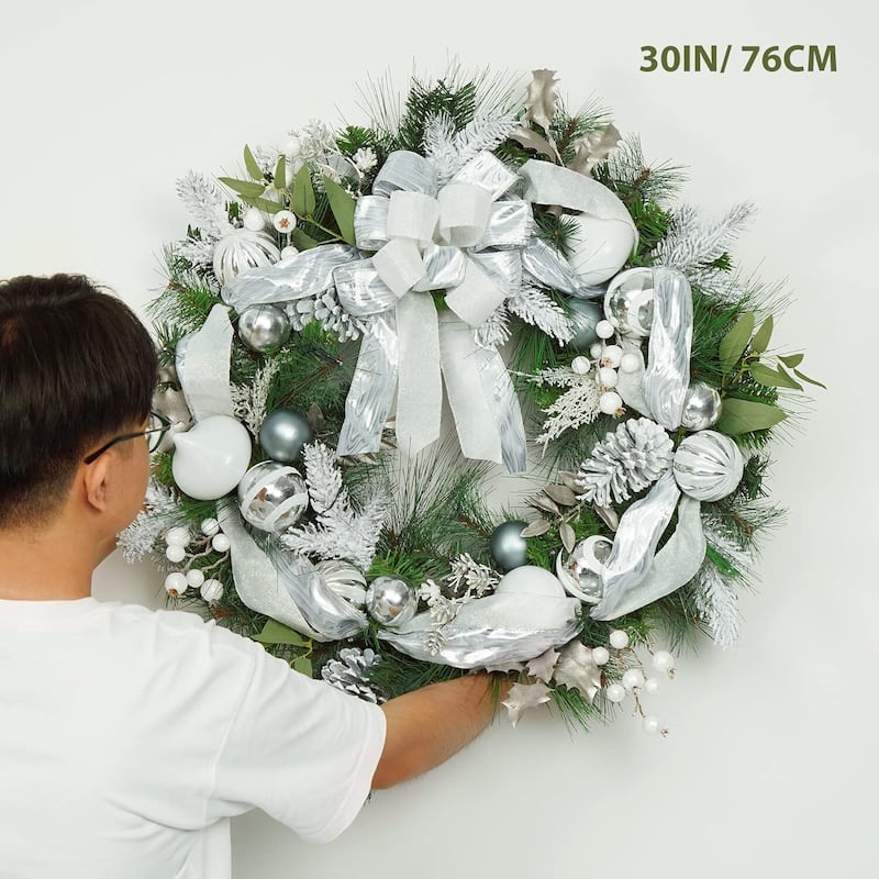 30 Inch Silver White Christmas Wreath for Front Door - N/A