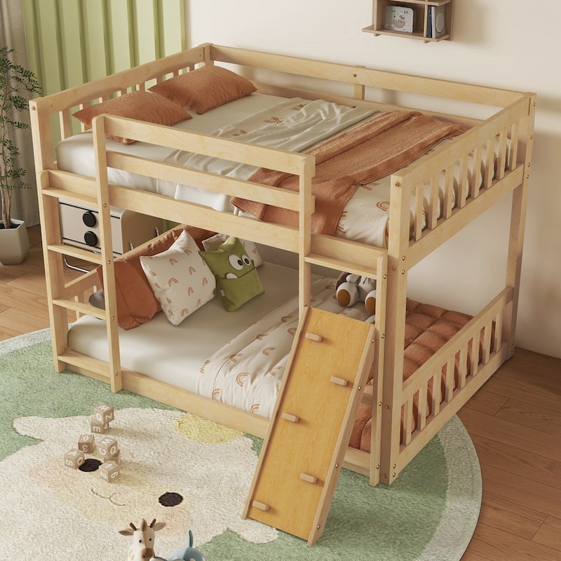 Fun Twin Over Twin Floor Bunk Bed with Climbing Ramp & Ladder, Durable Pine Wood Frame